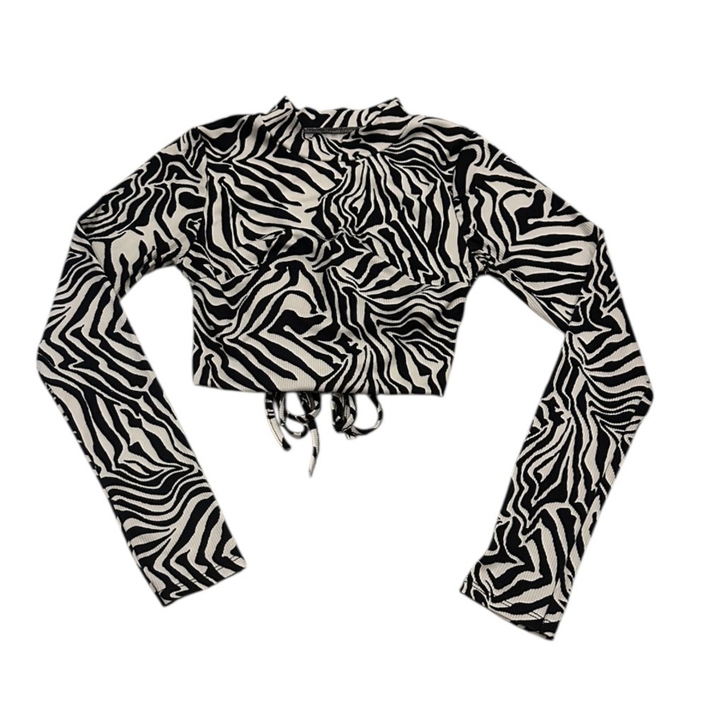 Open Back Black and White Zebra Print Long Sleeve Ribbed Crop Top Small